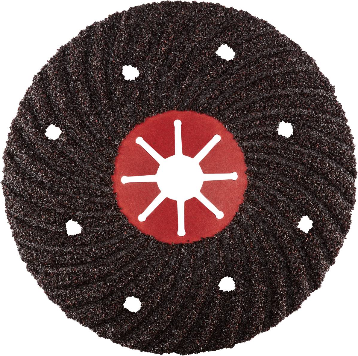 Tarcza szlifierska z czerwonym środkiem i czarnymi, prążkowanymi krawędziami zewnętrznymi, stosowana do szlifowania powierzchni metalowych.