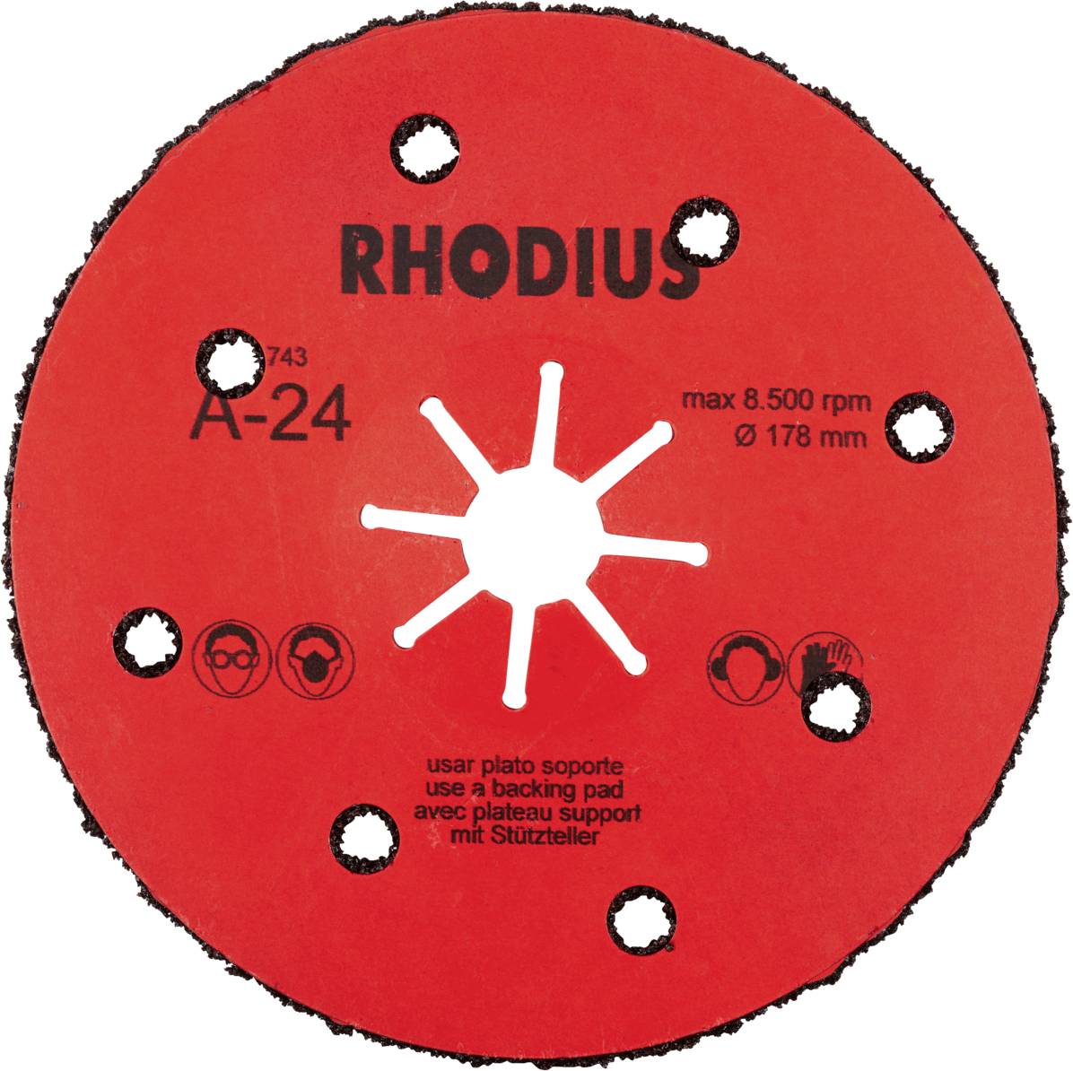 Czerwona tarcza szlifierska z napisem 'RHODIUS', model A-24. Maks. 8 500 obr./min, średnica 178 mm. Przedstawiono instrukcje bezpieczeństwa i użycia.
