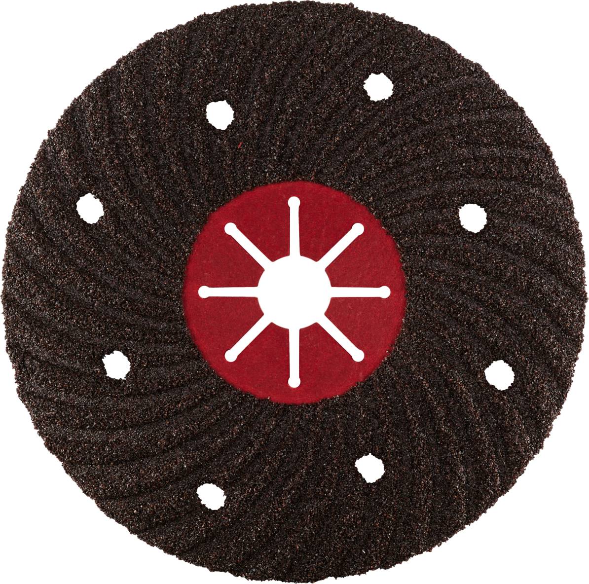 Okrągła, czarna podkładka ścierna z czerwonymi elementami i wyciętymi otworami prezentuje spiralny wzór.