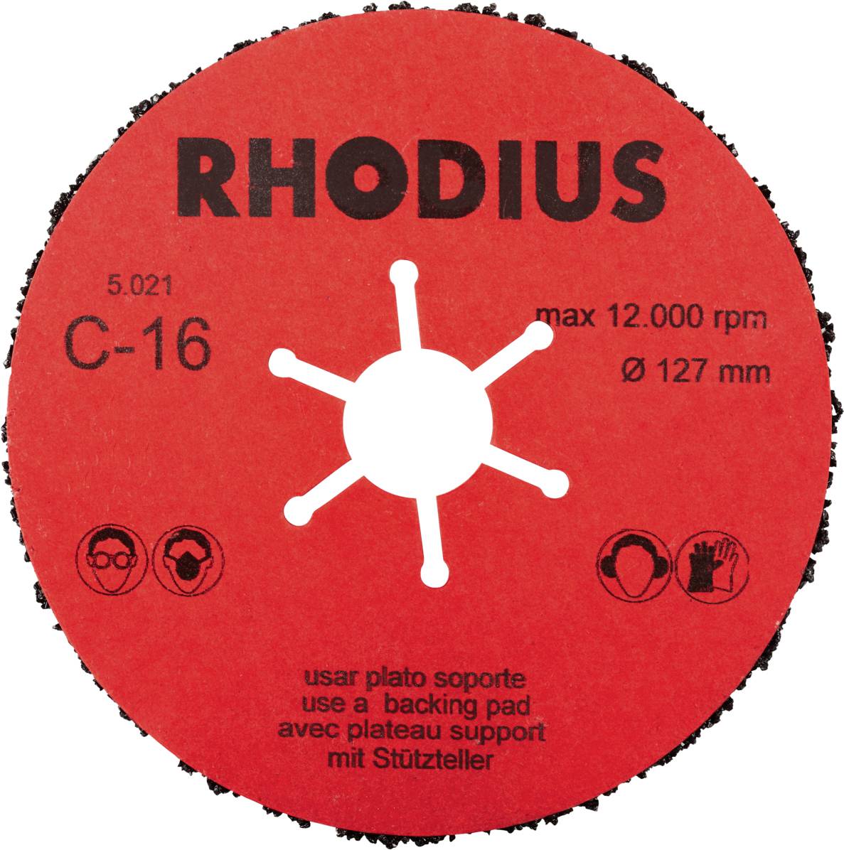 Czerwona tarcza szlifierska z czarną krawędzią, z nadrukiem 'RHODIUS C-16', średnica 127 mm, maksymalna prędkość obrotowa 12.000 obr./min, wskazówki bezpieczeństwa.
