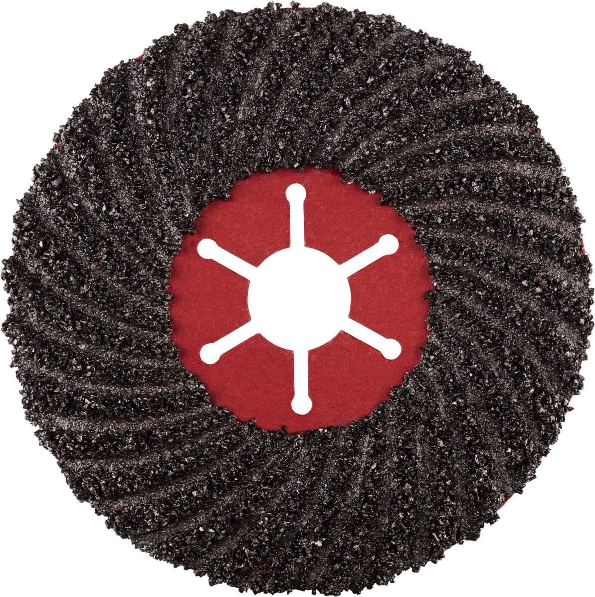 Czarna tarcza szlifierska z czerwonym środkiem i białym symbolem pośrodku, prezentująca radialne wzornictwo do czyszczenia powierzchni.