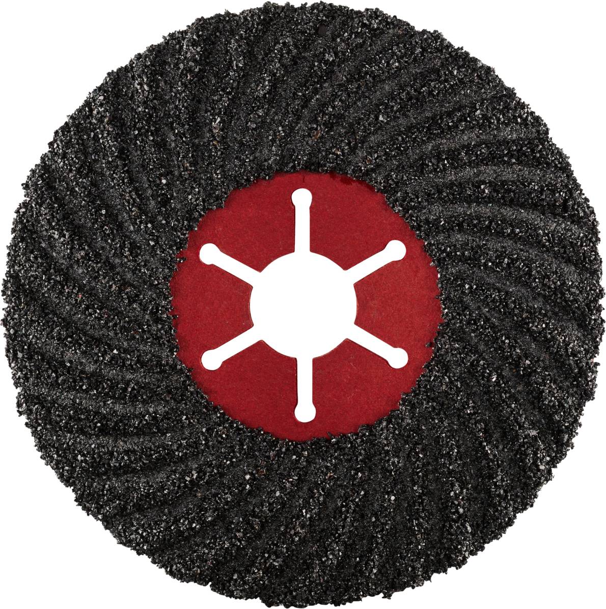 Czarna tarcza szlifierska z teksturowaną powierzchnią i czerwonym środkiem prezentuje gwiaździsty wzór w centrum.