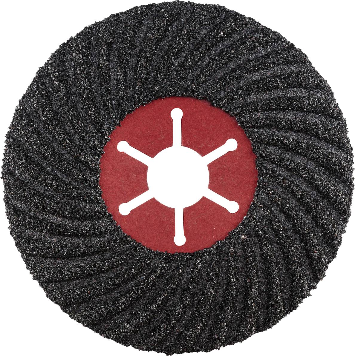 Tarcza szlifierska z czerwonymi i czarnymi spiralnymi wzorami, centralnym designem sześcioramiennym oraz szorstką teksturą.