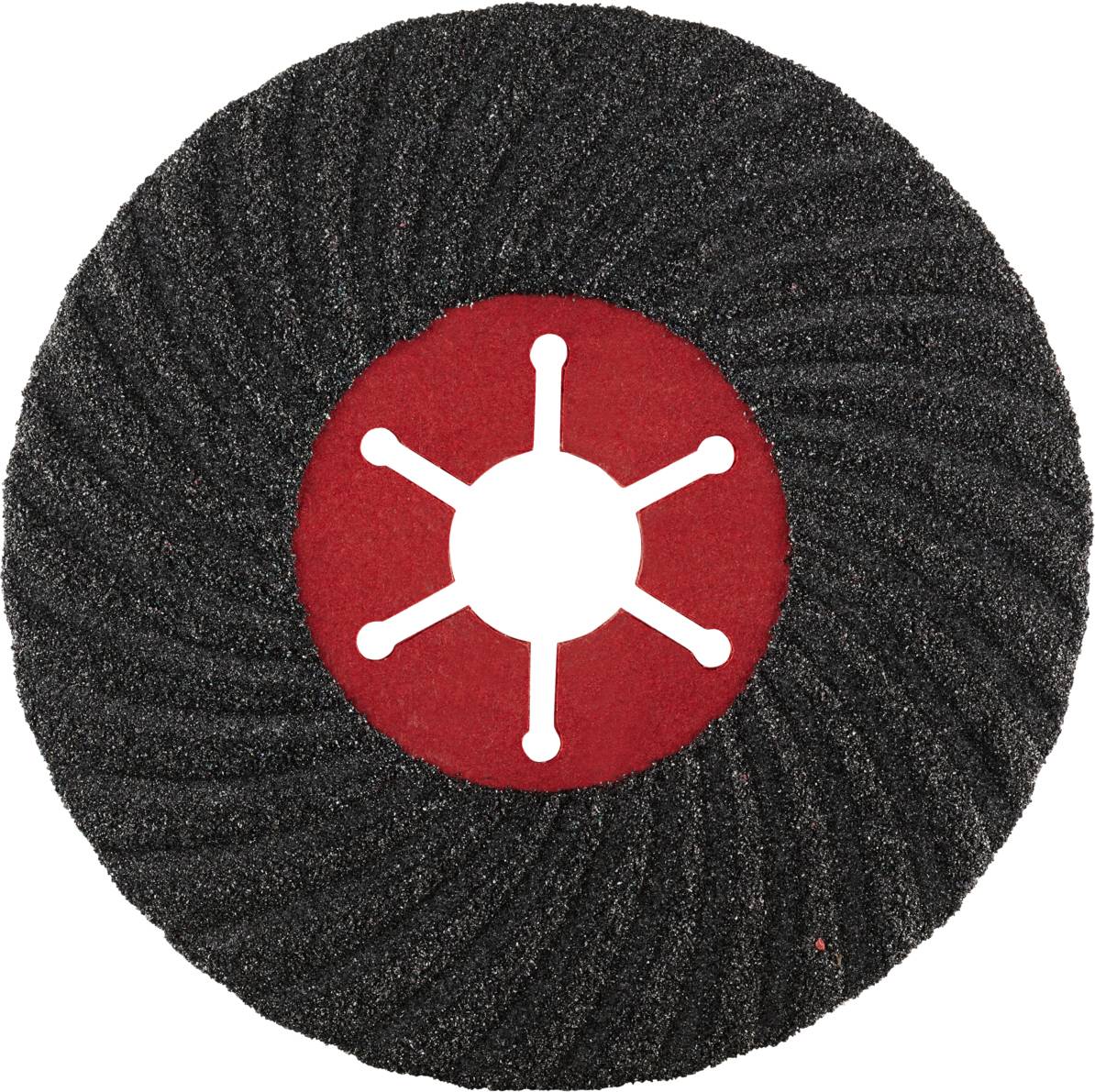 Okrągła, czarna tarcza szlifierska z czerwonym środkiem i białym symbolem pośrodku, przypominającym klucz sześciokątny.