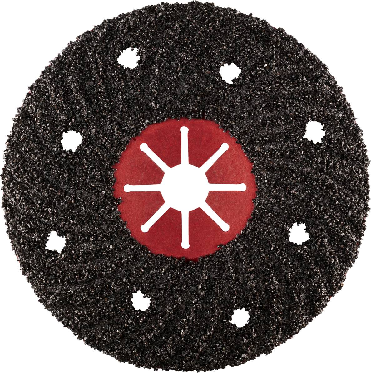 Tarcza szlifierska o okrągłym kształcie z wieloma otworami. Powierzchnia o grubym ziarnie. Białe tło.