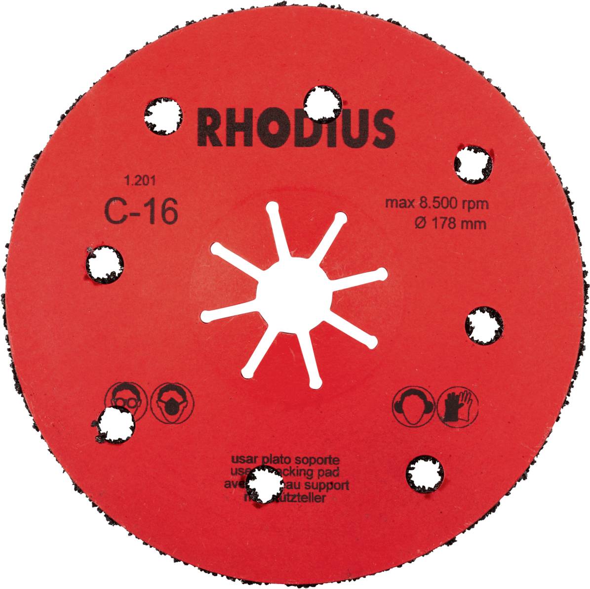 Czerwony uchwyt tarczy szlifierskiej firmy Rhodius, model C-16, do 8 500 obr./min i średnicy 178 mm, z symbolami bezpieczeństwa.