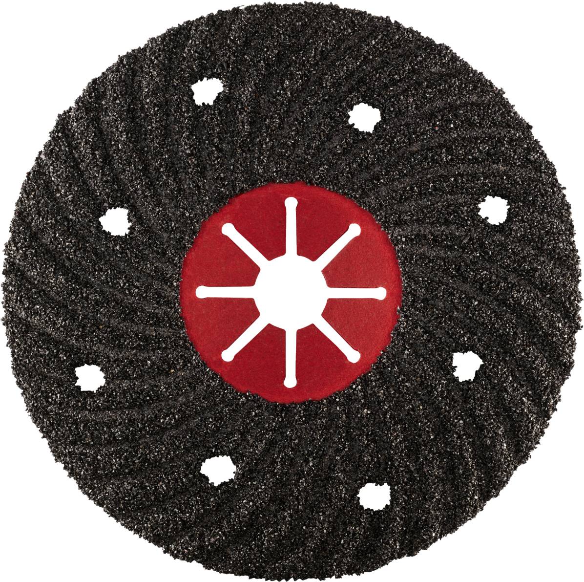 Czarna tarcza szlifierska z czerwonymi elementami i centralnym wzorem przypominającym gwiazdę, na jasnym tle.