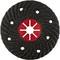 Czarna tarcza szlifierska z czerwonymi elementami i centralnym wzorem przypominającym gwiazdę, na jasnym tle.