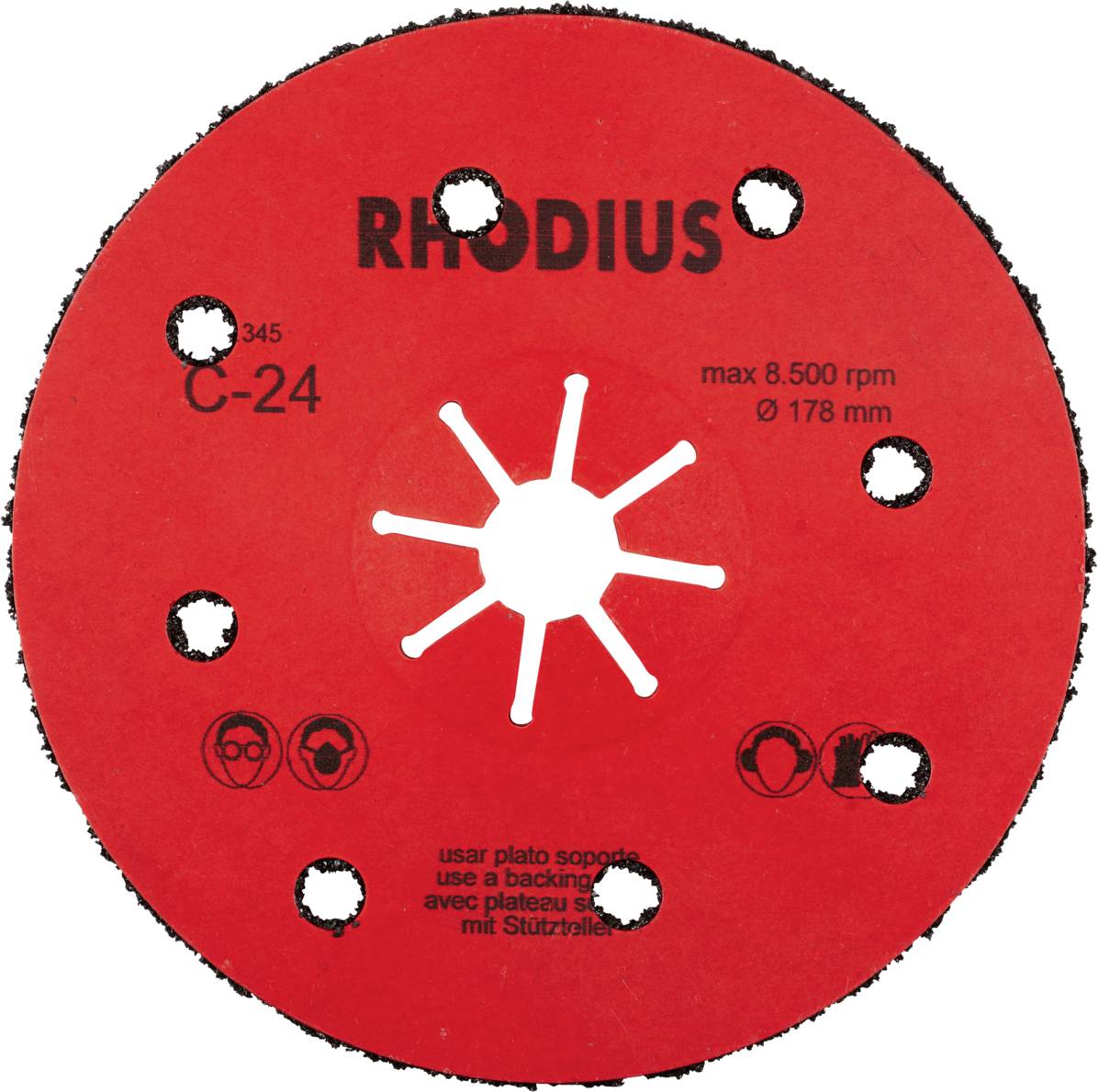 Okrągła, czerwona tarcza szlifierska z napisem 'RHODIUS C-24', średnica 178 mm, maks. 8500 obr./min, z wieloma otworami i ząbkowaną krawędzią.