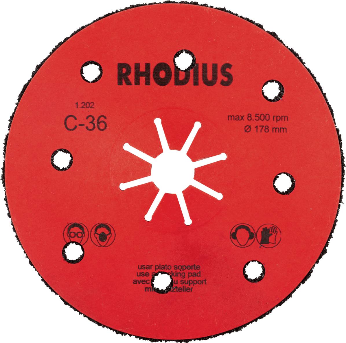 Czerwony nośnik tarczy szlifierskiej z ośmioma otworami. Nadruk: 'RHODIUS', 'C-36', maks. 8.500 obr./min, Ø 178 mm. Symbole środków bezpieczeństwa.