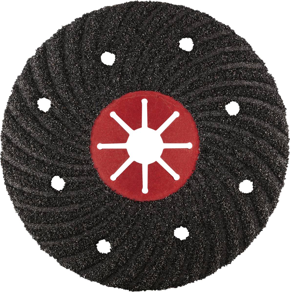 Okrągła tarcza szlifierska z ośmioma otworami w czarnym ziarnie i czerwonym środkiem. Odpowiednia do szlifowania metali.
