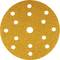 Okrągły, złotawy papier ścierny z wieloma równomiernie rozmieszczonymi otworami w kształcie kół. Odpowiedni do elektronarzędzi elektrycznych.
