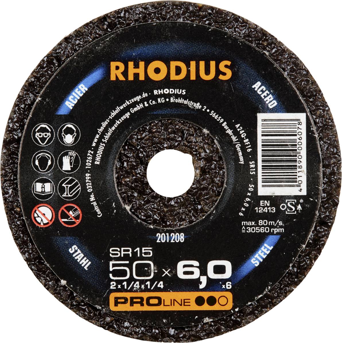 Tarcza szlifierska z napisem 'RHODIUS'. Specyfikacje: 50 x 6,0 mm, do stali i stali nierdzewnej, maks. 80 m/s. Producent: Proline.