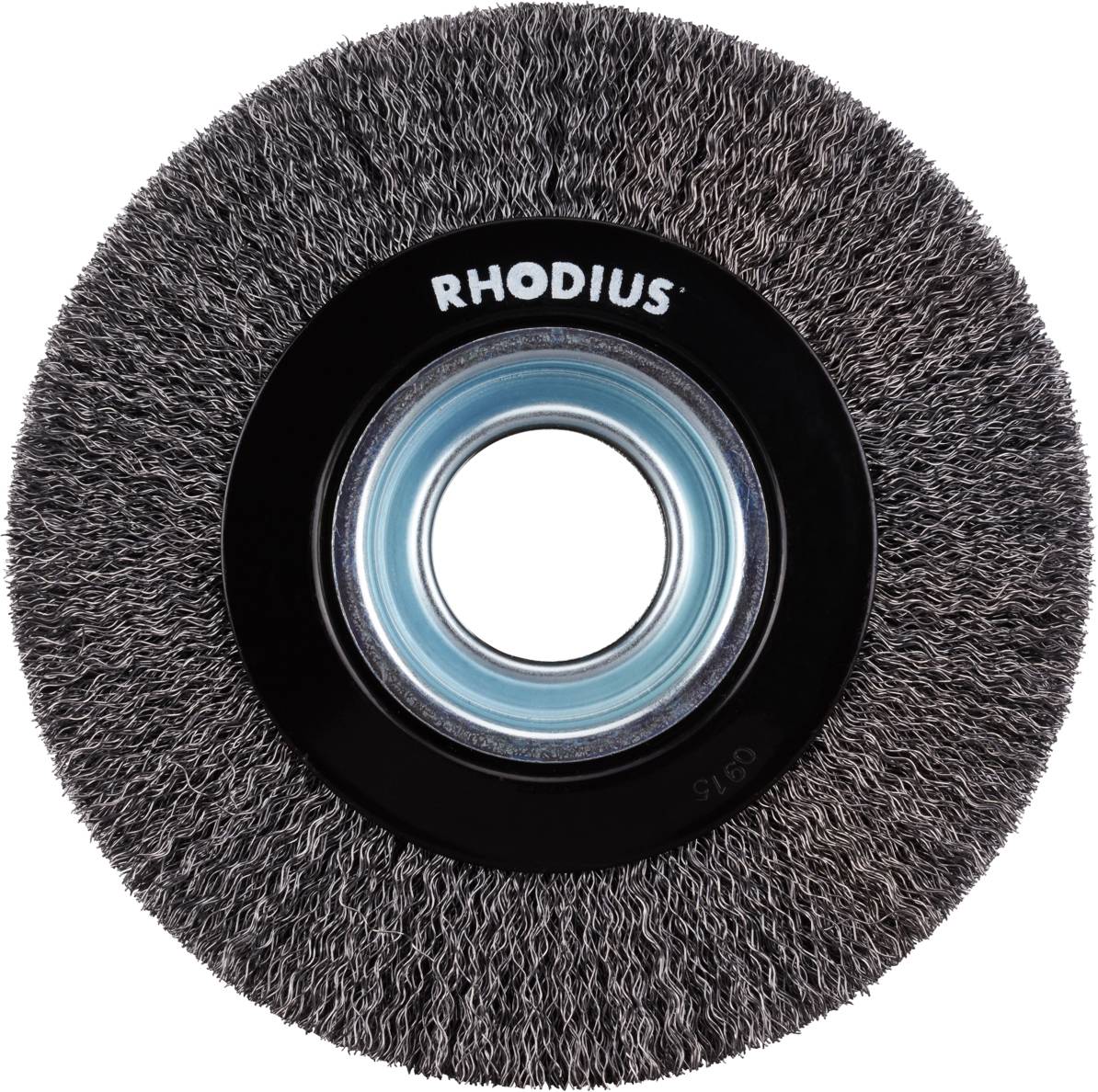 Szczotka druciana z metalowymi włoskami i niebiesko-czarnym środkiem, odpowiednia do obróbki metalu.