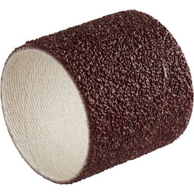 Czerwonobrązowy cylinder szlifierski z grubego papieru ściernego przeznaczony do użycia z narzędziem Dremel.