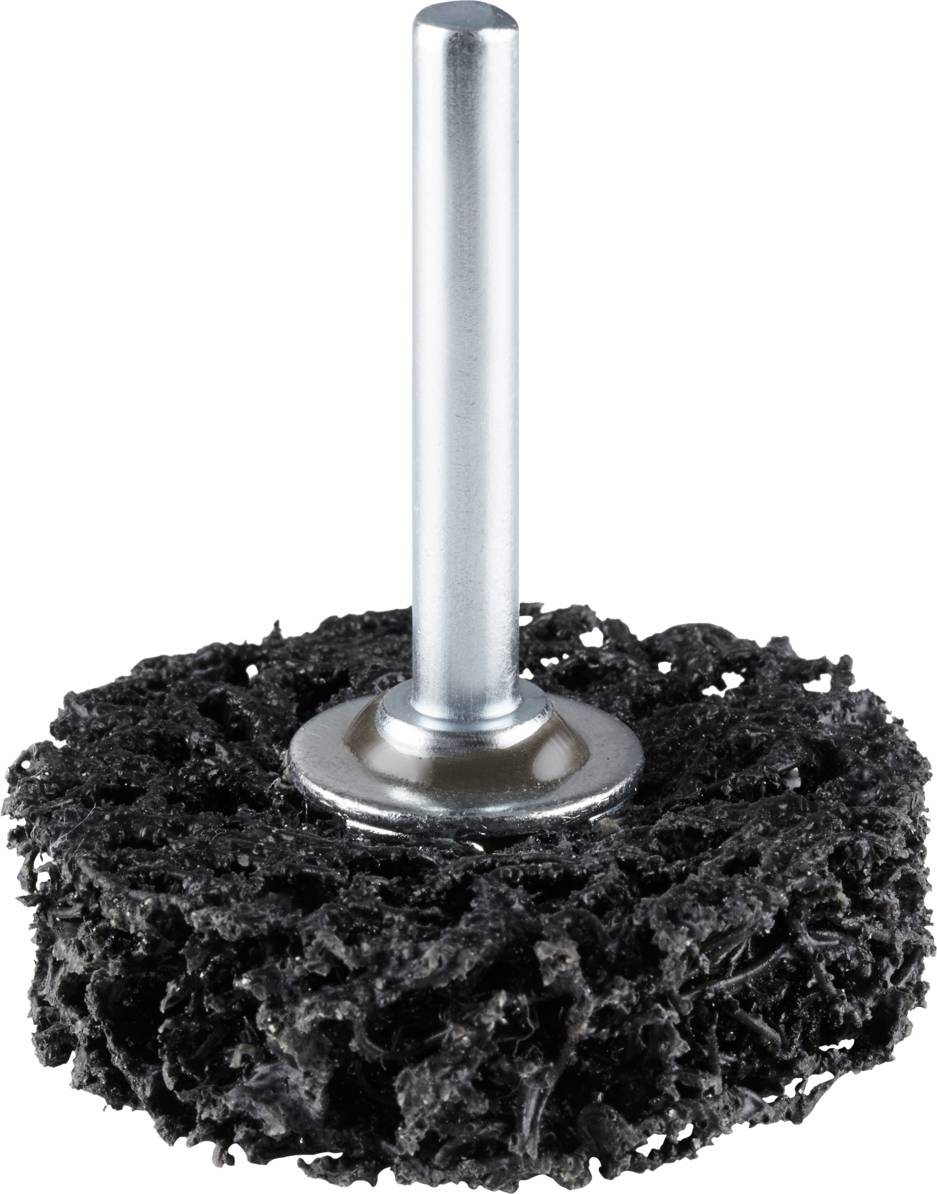 Nasadka narzędziowa z uchwytem, składająca się z gęstej, czarnej, ściernej powierzchni czyszczącej, przeznaczona do użycia w wiertarkach.