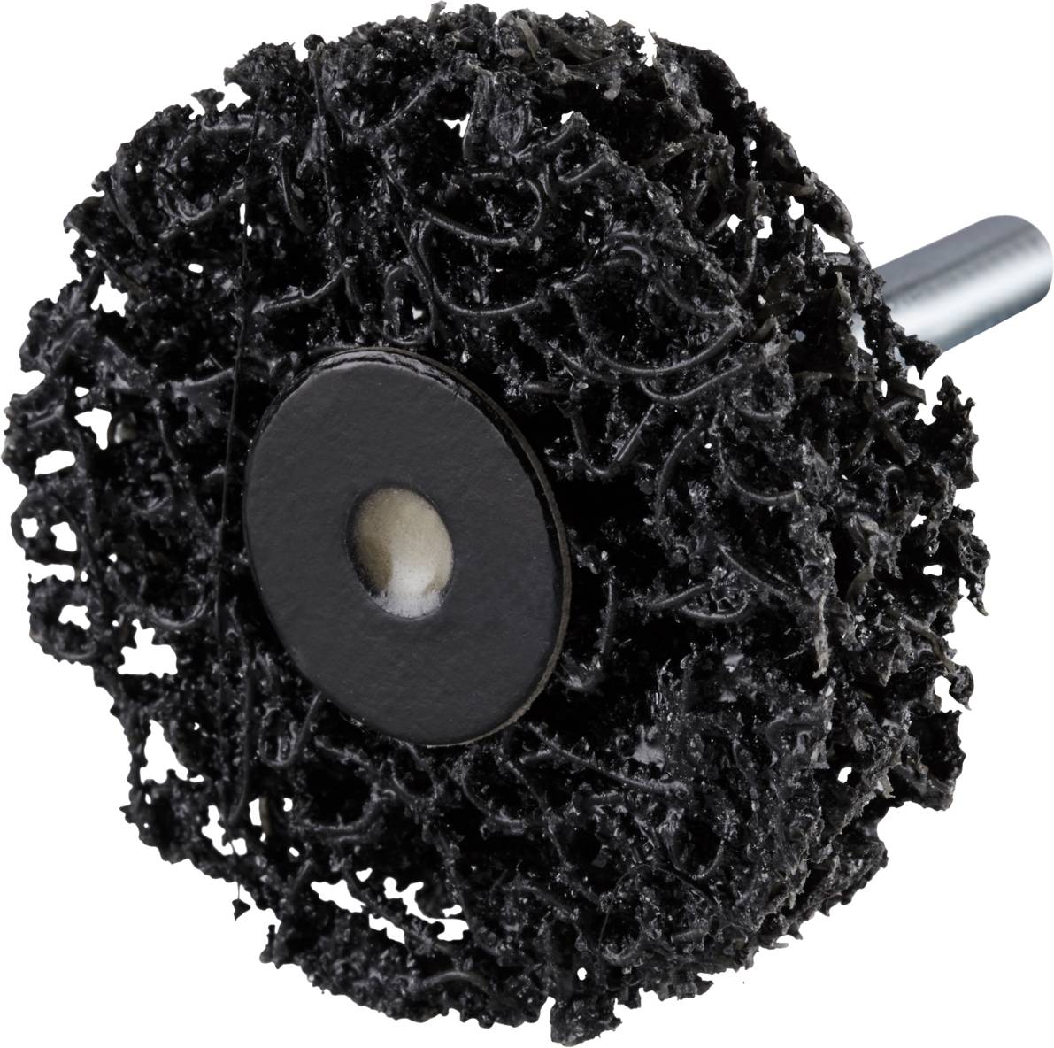 Czarna tarcza szlifierska o delikatnej strukturze na srebrnym wale, odpowiednia do obróbki powierzchni i usuwania materiału.