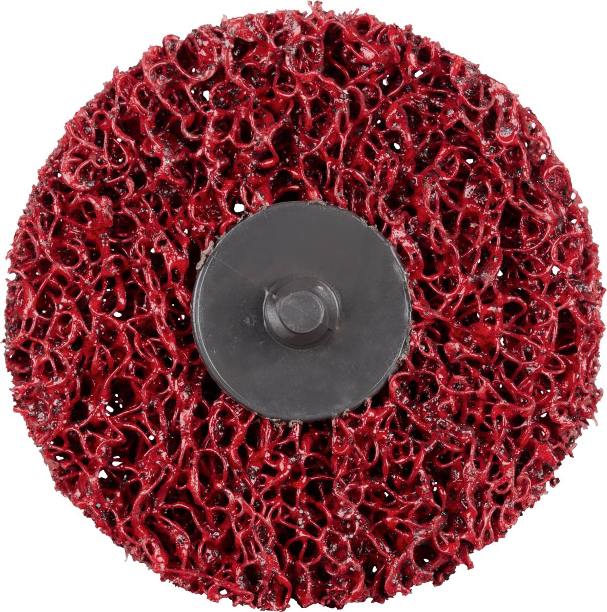 Czerwone koło szlifierskie z otwartym, siatkowatym wzorem i czarnym środkiem. Używane do obróbki powierzchni i usuwania rdzy.