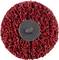 Czerwone koło szlifierskie z otwartym, siatkowatym wzorem i czarnym środkiem. Używane do obróbki powierzchni i usuwania rdzy.