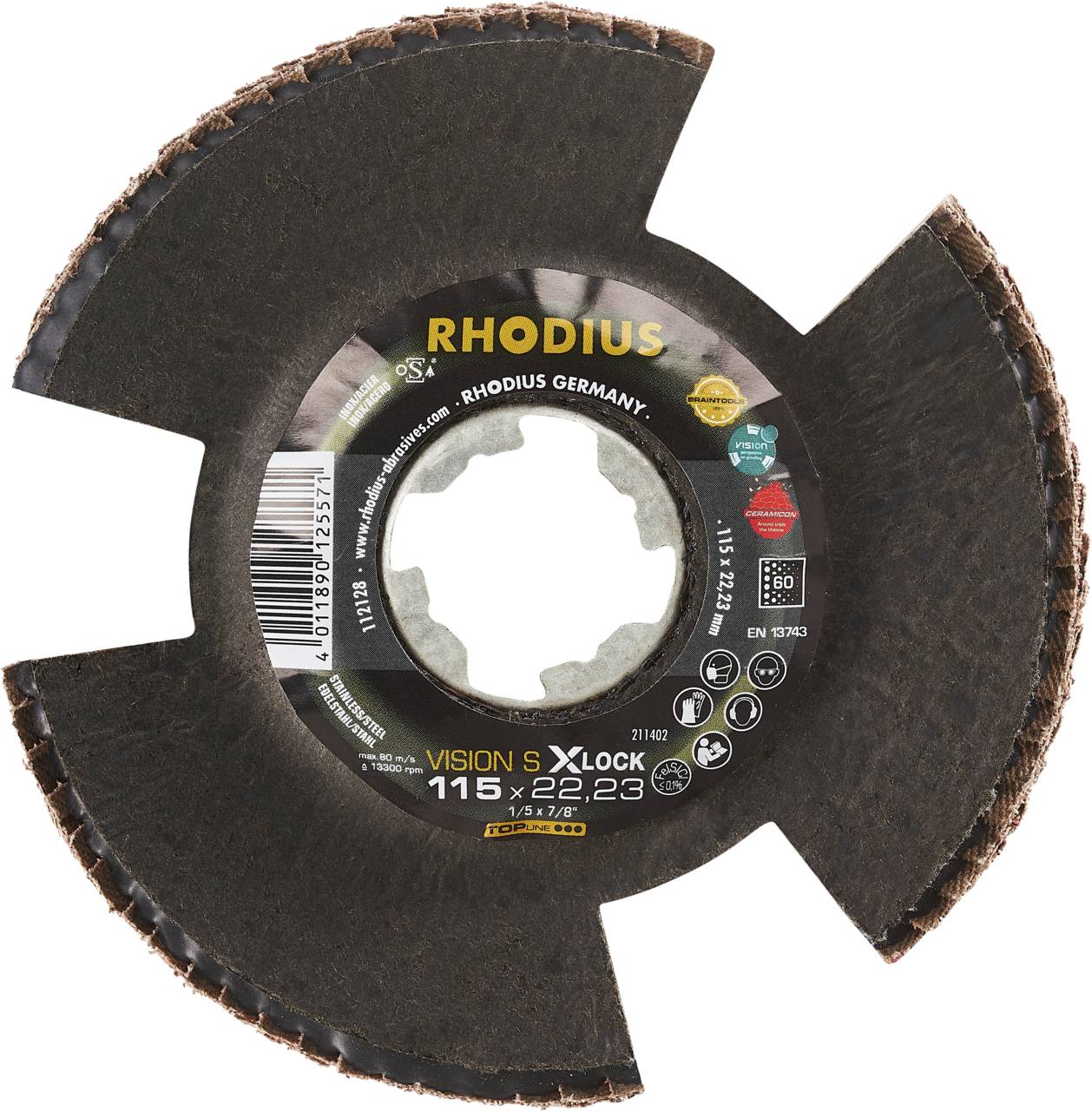 Tarcza szlifierska 'RHODIUS' z systemem X-Lock, średnica 115 mm, przeznaczona do cięcia wysokoprędkościowego.