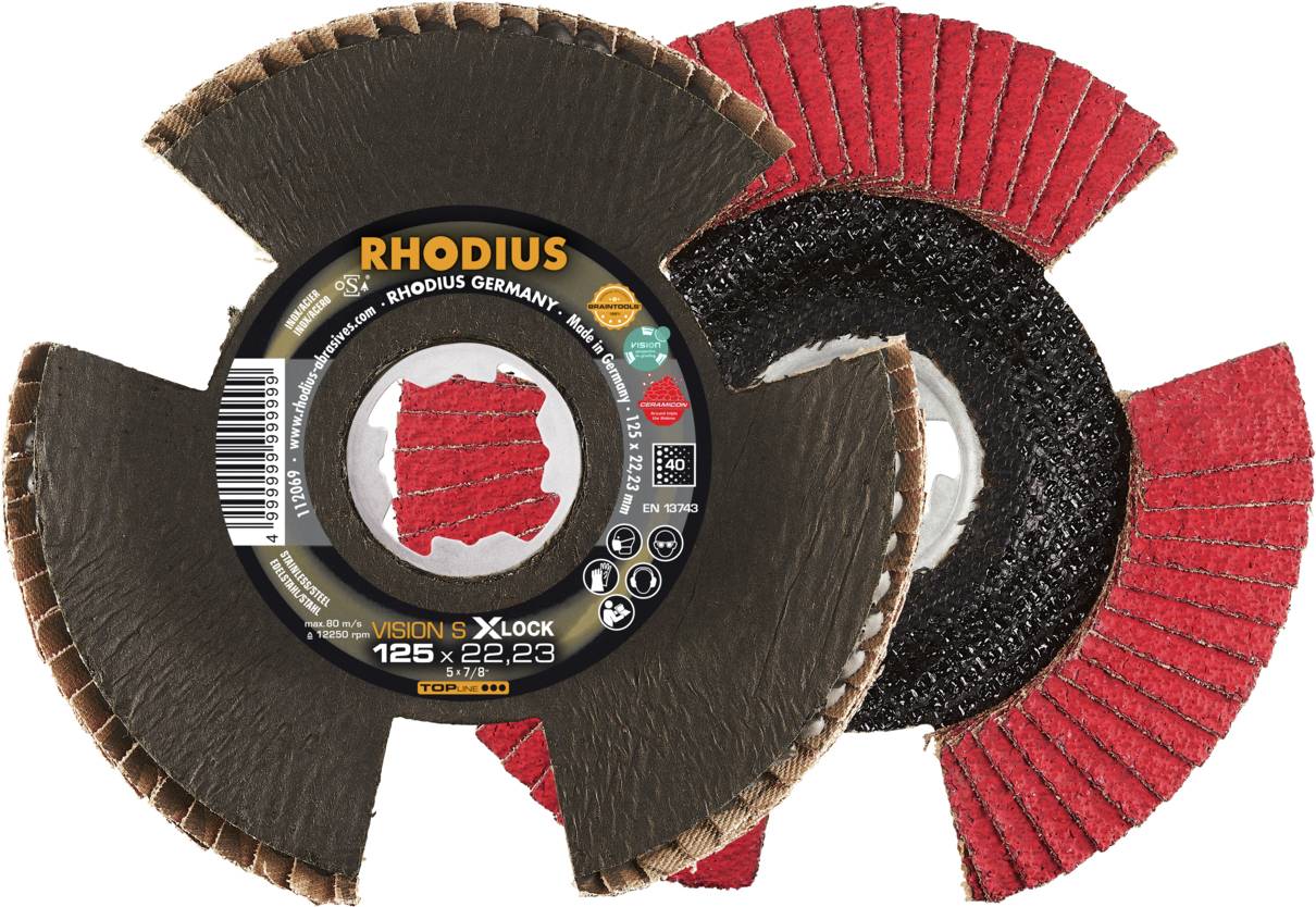 Dwie tarcze szlifierskie z metalowym rdzeniem i czerwonymi lamelkami. Tekst wskazuje markę 'Rhodius', średnica 125 mm.