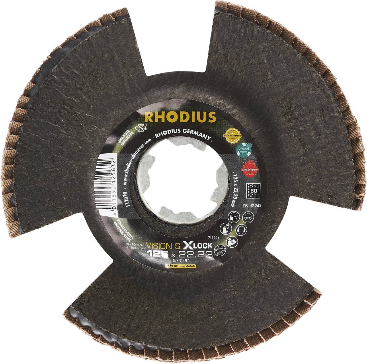 Tarcza szlifierska marki Rhodius, model Vision S X-Lock, o średnicy 125 mm, z otworem 22,23 mm, przeznaczona do obróbki metalu.