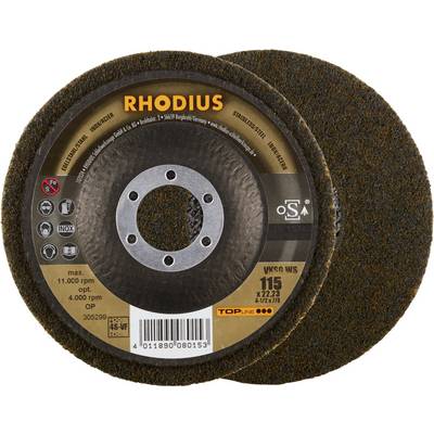 Tarcze szlifierskie Rhodius, numer modelu VKS WS, do obróbki metalu. Odpowiednie dla maks. 11.000 obr./min, średnica 115 mm.