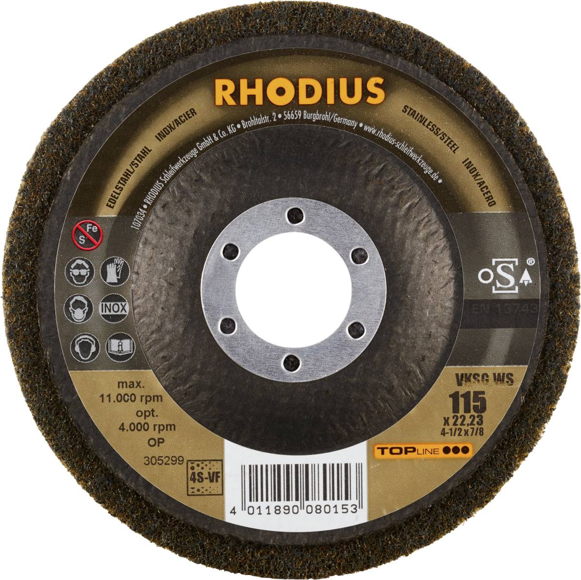 Tarcza ścierna 'RHODIUS', maks. 11000 obr./min, do stali nierdzewnej, rozmiar ziarna 115 x 22,23 mm. Zawiera wskazówki bezpieczeństwa i informacje o produkcie.