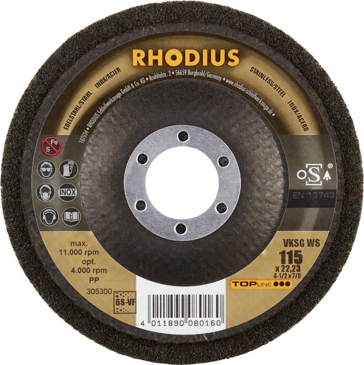 Tarcza szlifierska 'RHODIUS', średnica 115 mm, do stali nierdzewnej. Maks. prędkość obrotowa 11.000/min, otwór 22,23 mm.