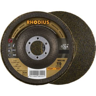 Tarcza szlifierska z napisem 'RHODIUS' do obróbki metalu, maks. 11.000 obr./min, średnica 115 mm, otwór 22,23 mm.