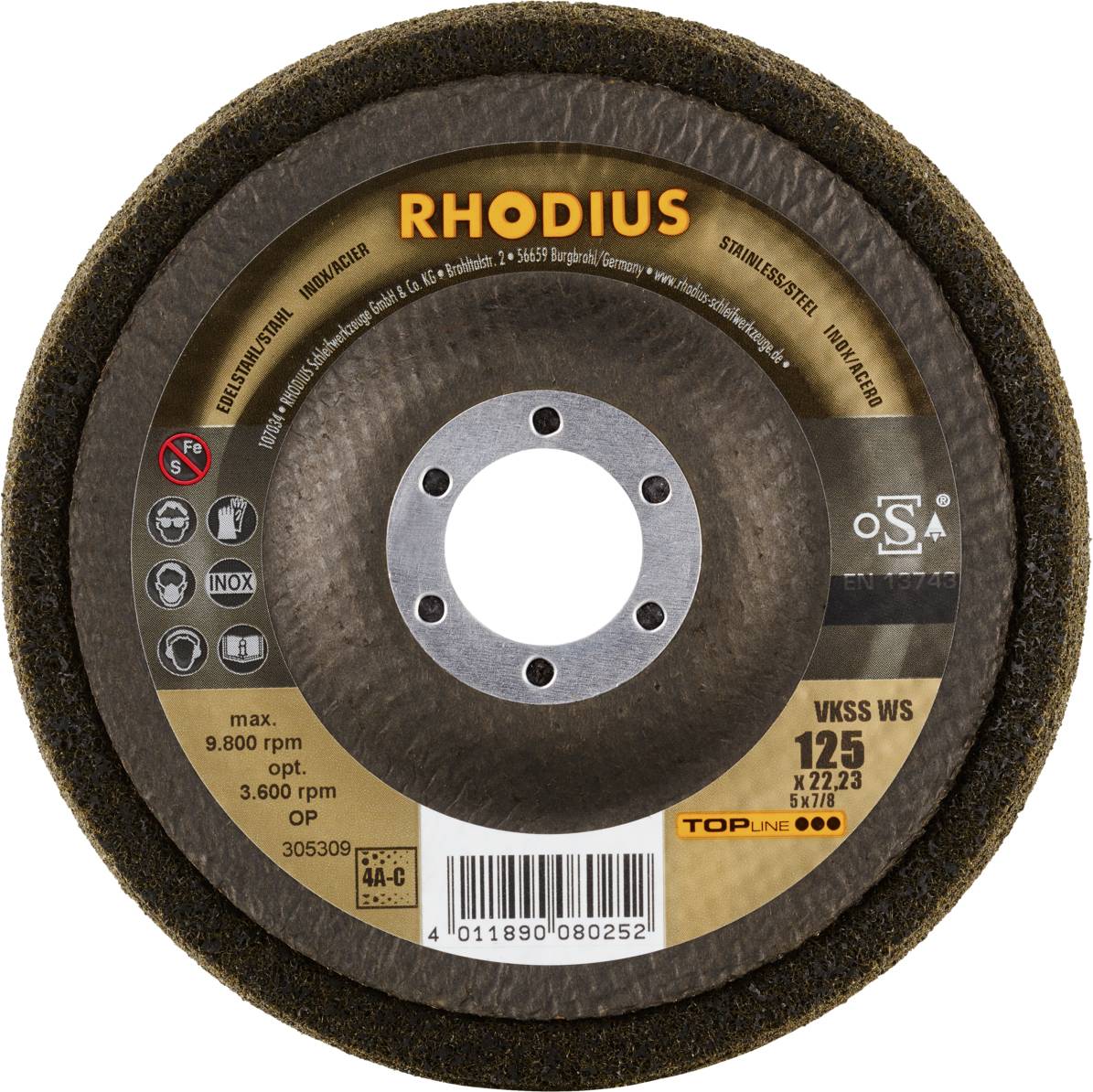 Tarcza tnąca 'RHODIUS' do stali nierdzewnej, model VKSS WS, maks. 9 800 obr./min, 125 x 22,23 mm, numer artykułu 305309, wyprodukowana w Niemczech.