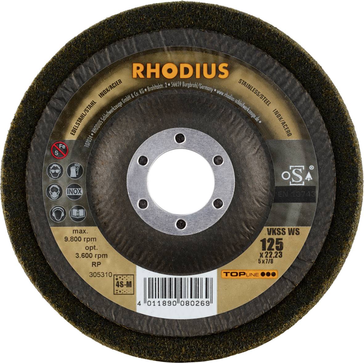 'RHODIUS Tarcza szlifierska płaska VKSS WS 125 x 22,23 mm, maks. 9.800 obr./min, stal nierdzewna, Topline'. Tarcza szlifierska do obróbki stali nierdzewnej.