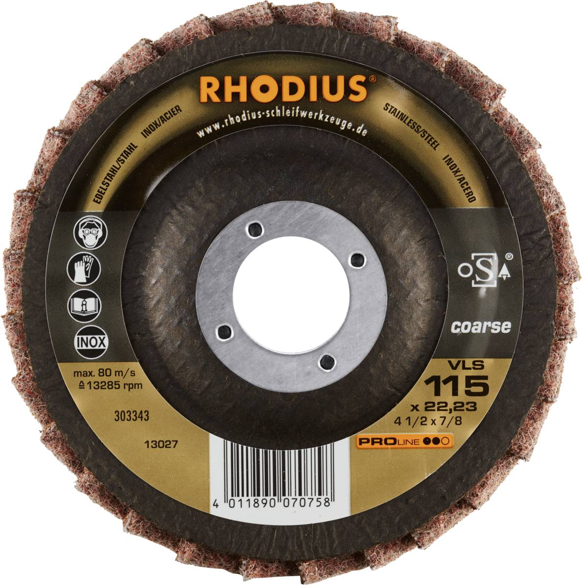 Tarcza szlifierska Rhodius o wymiarach 115 x 22,23 mm, odpowiednia do stali nierdzewnej, z maksymalną prędkością 80 m/s i 13.285 obr./min.