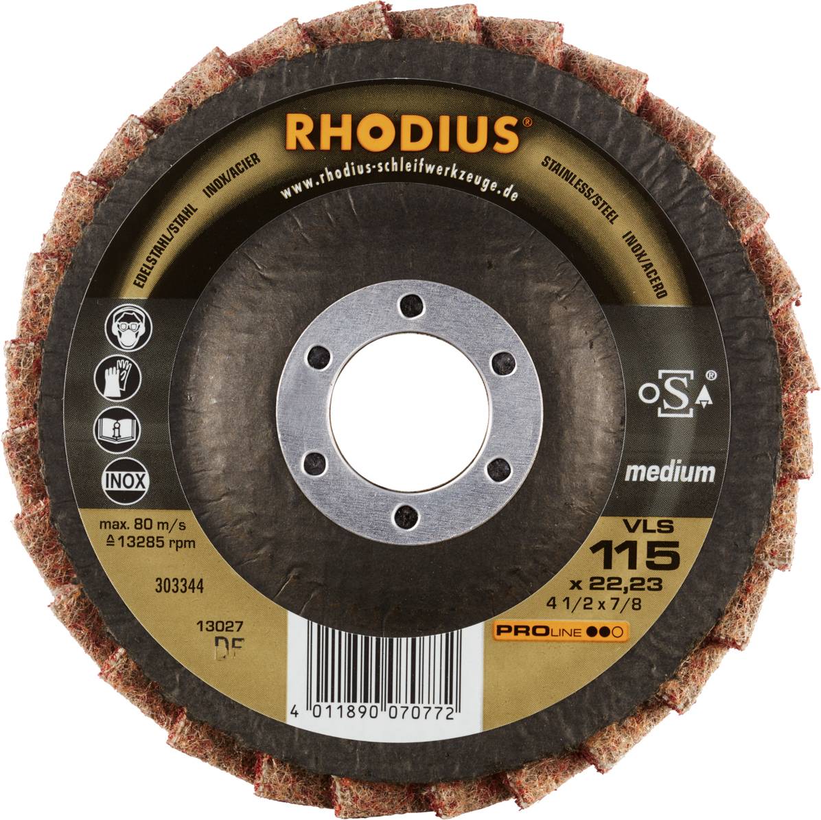 Tarcza szlifierska z napisem 'RHODIUS', przeznaczona do użytku z szlifierką o średnicy 115 mm. Zawiera specyfikacje techniczne i wskazówki bezpieczeństwa.