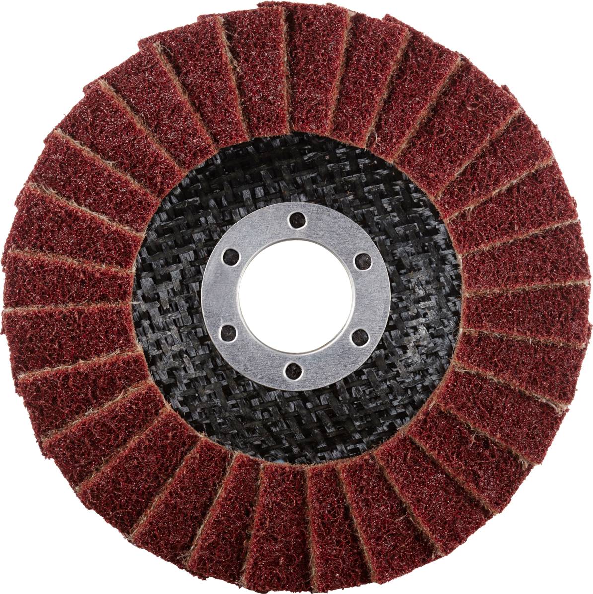 Tarcza ścierna w kolorach czerwonym i czarnym z koncentrycznymi warstwami, odpowiednia do prac metalowych i drewnianych.