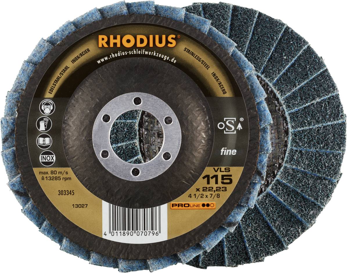 Tarcza lamelkowa: 115 mm średnicy, do stali nierdzewnej, maks. 80 m/s, drobnoziarnista, marka 'Rhodius'.