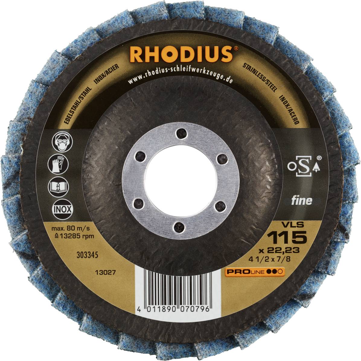 Tarcza ścierna Rhodius, typ VLS 115, 115 x 22,23 mm, maks. 80 m/s, odpowiednia do stali nierdzewnej i stali kwasoodpornej, z kodem kreskowym i informacjami o produkcie.