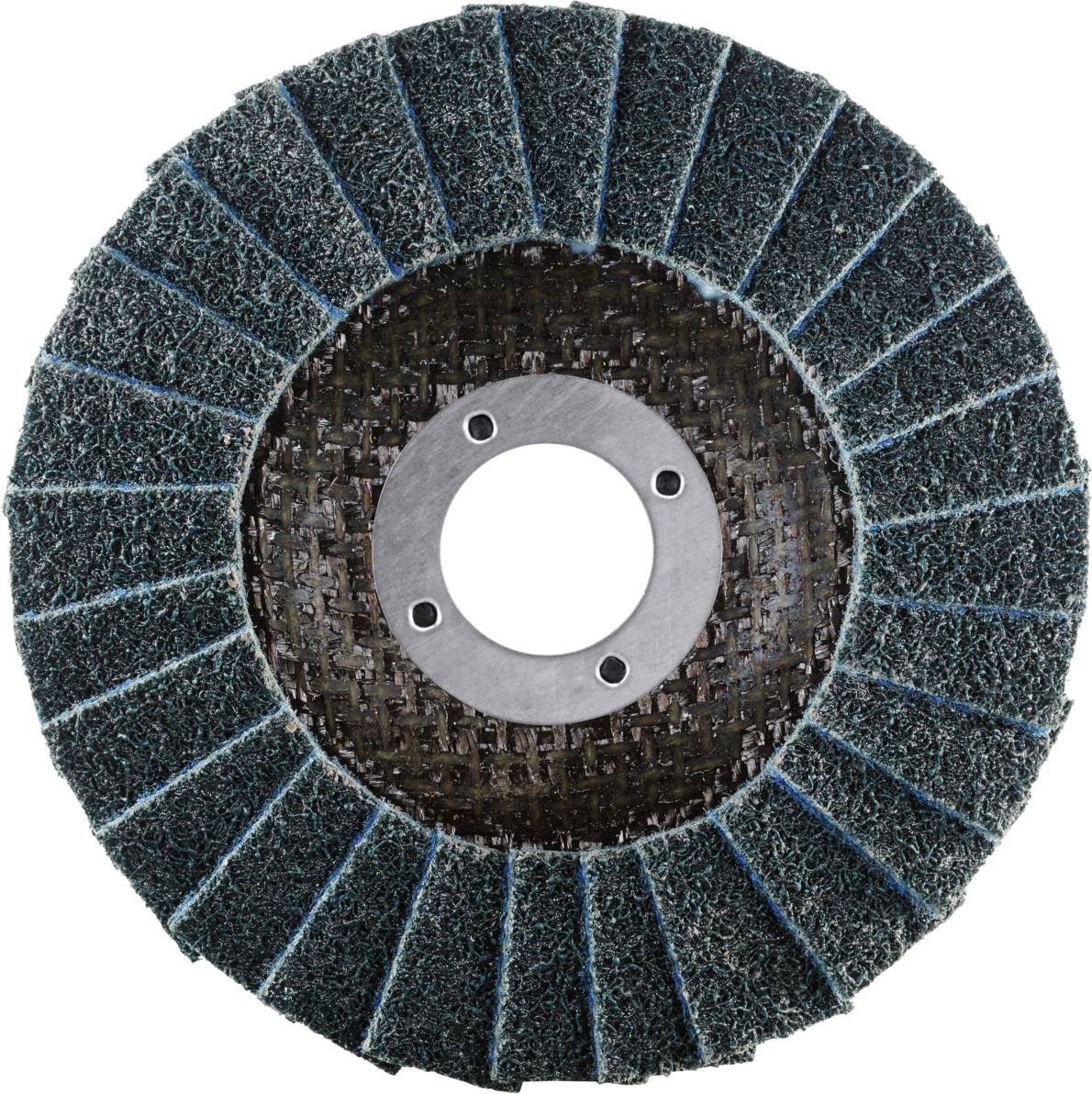 Tarcza lamelkowa o szorstkiej, ciemnej powierzchni z centralnym mocowaniem metalowym, używana do szlifowania i polerowania materiałów.