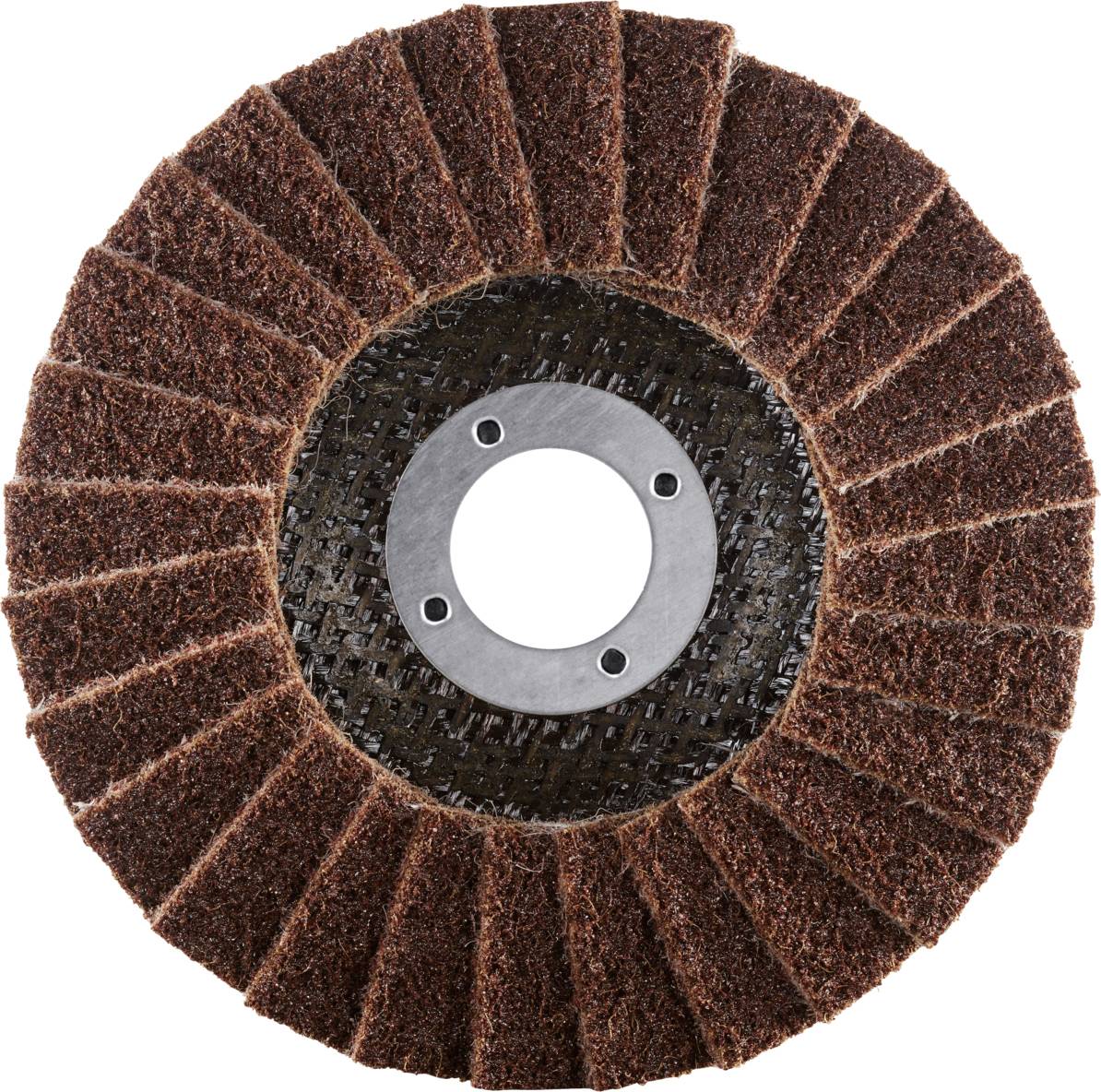 Tarcza szlifierska z warstwami materiału ściernego ułożonymi promieniowo w kolorze rdzawobrązowym, z centralnym metalowym pierścieniem mocującym.