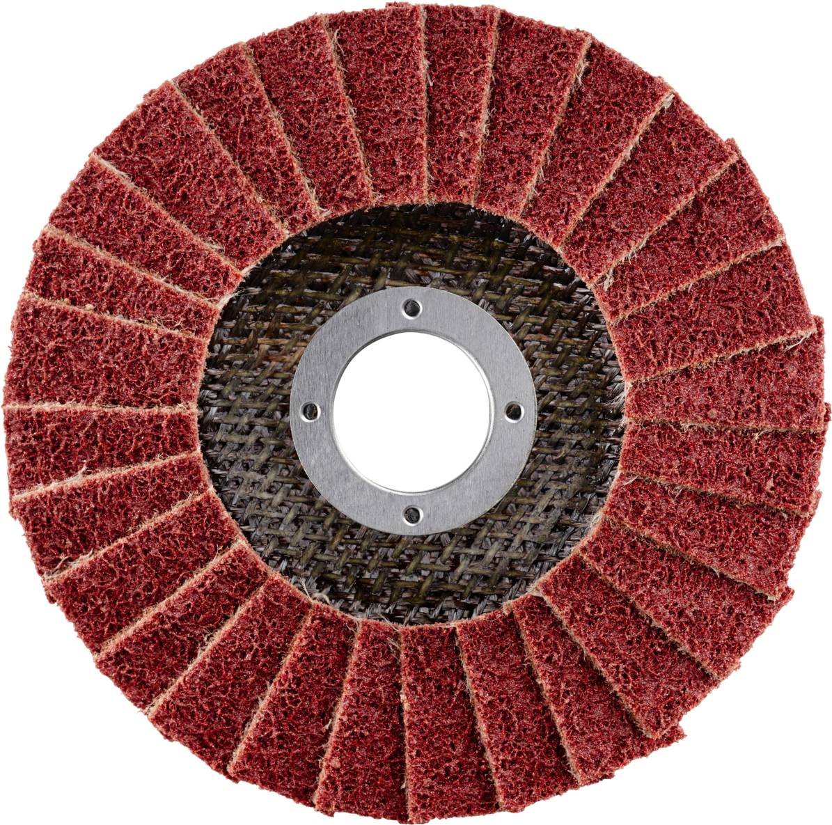 Czerwona tarcza szlifierska z promieniście ułożonymi lamelkami, wycentrowana na białym tle.