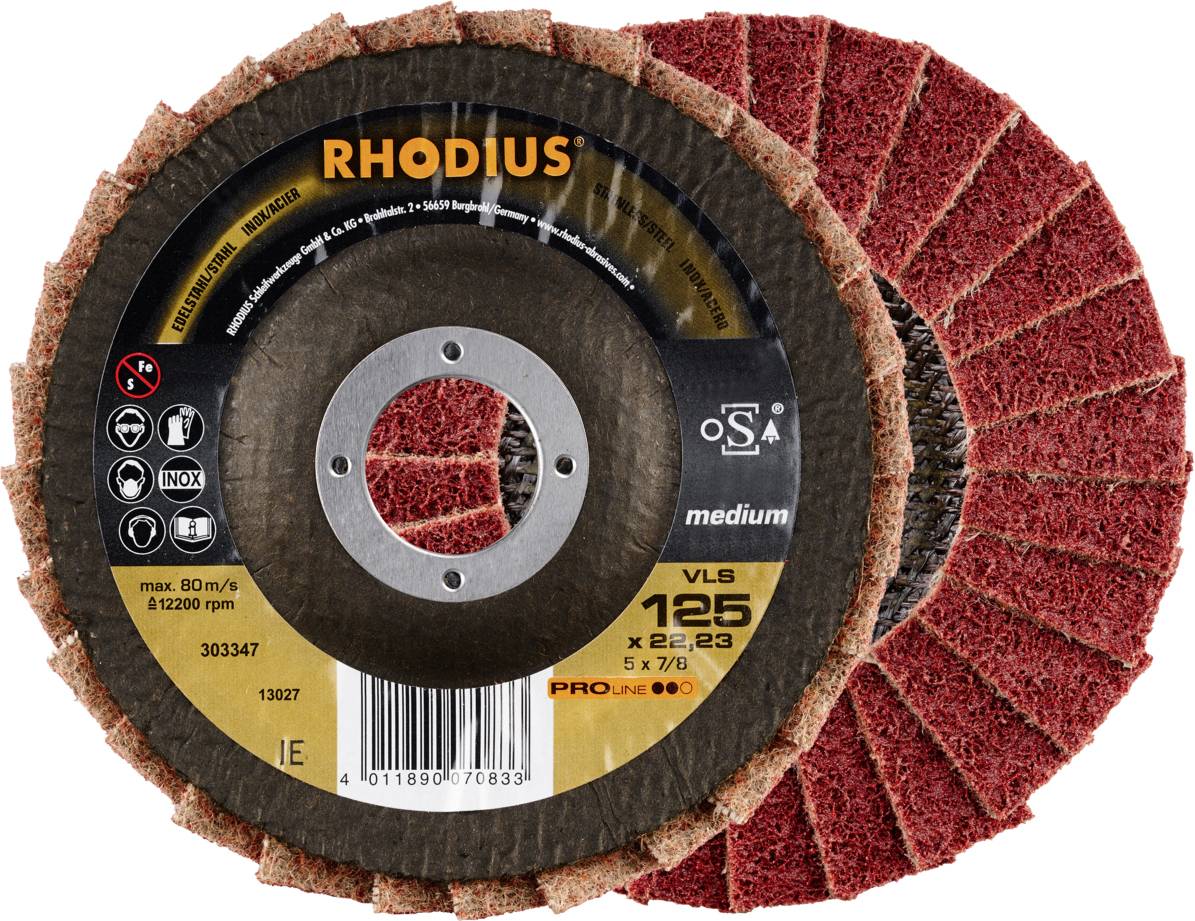 Tarcze ścierne 'RHODIUS', model VLS, rozmiar 125 mm, maks. 80 m/s. Odpowiednie do obróbki metalu, średnie ziarnisto.