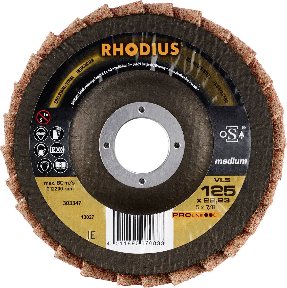 Tarcza ścierna Rhodius, model VLS 125x22,23 Medium, przeznaczona do maksymalnej prędkości 80 m/s i 12200 obr./min, odpowiednia do stali i stali nierdzewnej.