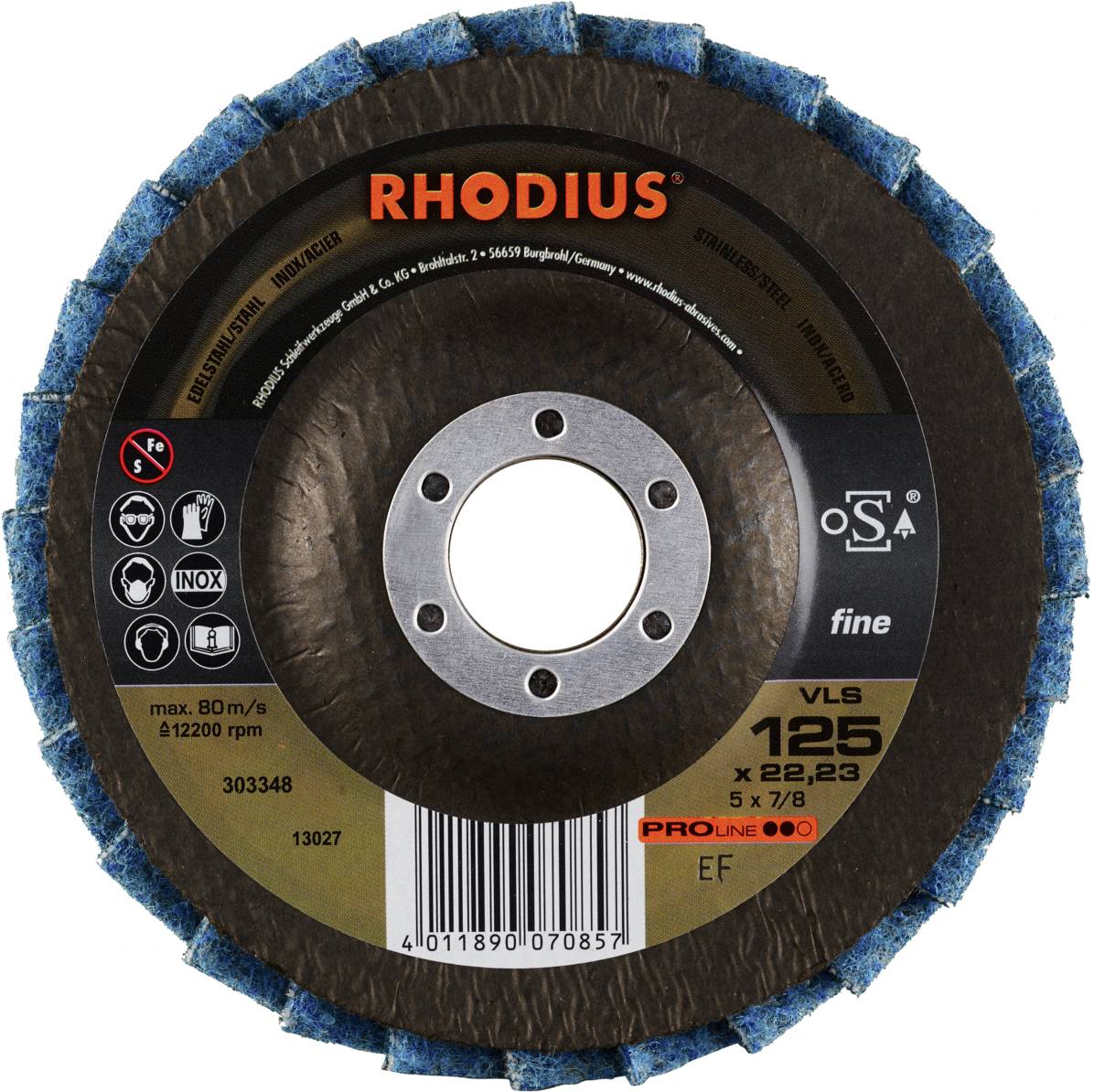 Tarcza szlifierska Rhodius, model VLS 125. Średnica 125 mm, prędkość obrotowa 12.200 obr./min. Odpowiednia do stali nierdzewnej, drobnoziarnista.