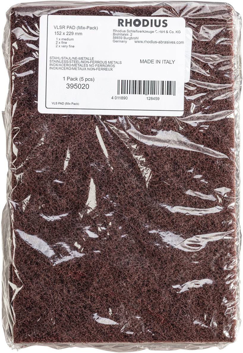 Opakowanie zawierające Rhodius VLSR PAD (zestaw mieszany), o wymiarach 152 x 229 mm, przeznaczone do obróbki metali, zapakowane w folię plastikową.