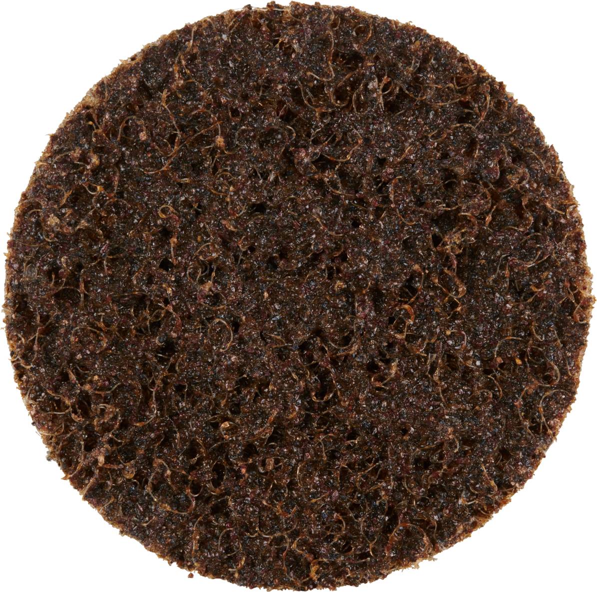 Okrągła brązowa gąbka polerska z włóknami strukturalnymi, używana do czyszczenia lub polerowania powierzchni.