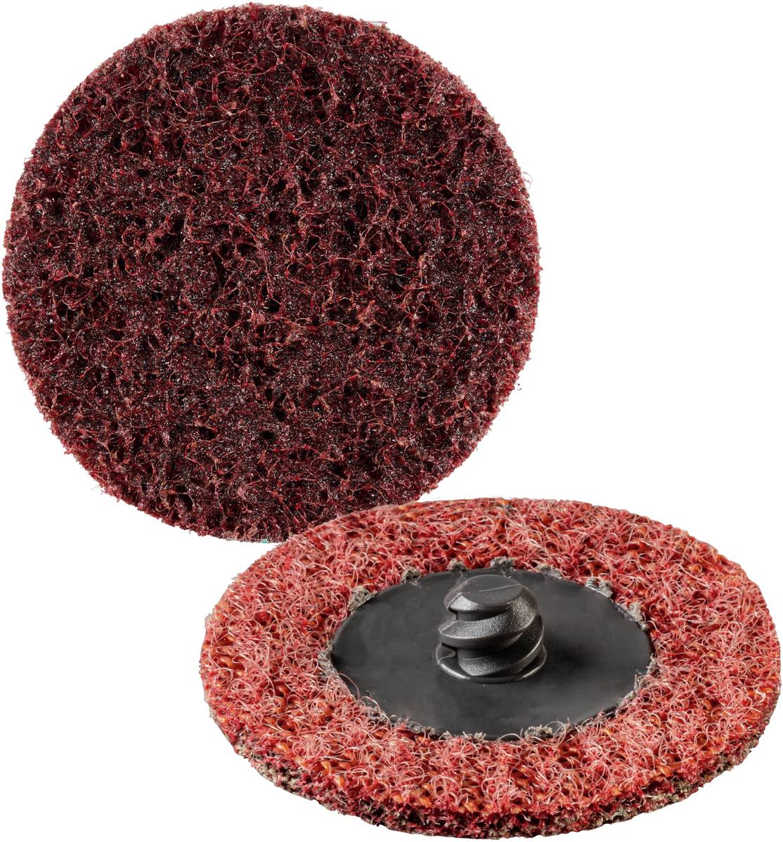 Dwie czerwono-czarne tarcze szlifierskie, jedna o gładkiej strukturze, druga z centralną śrubą mocującą.
