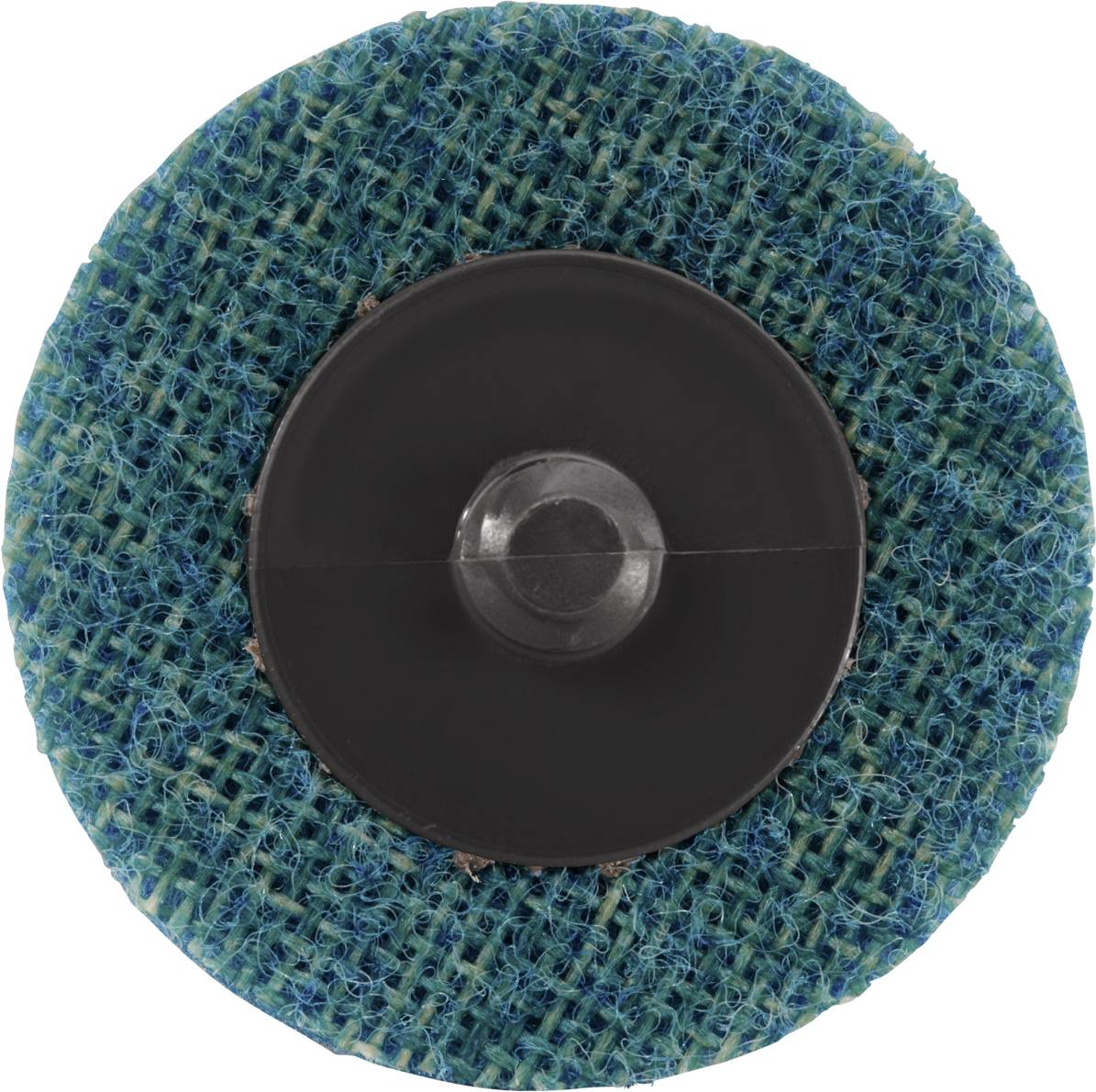 Okrągła nakładka szlifierska z niebieskim, tkanym materiałem ściernym oraz czarną centralną częścią mocującą.