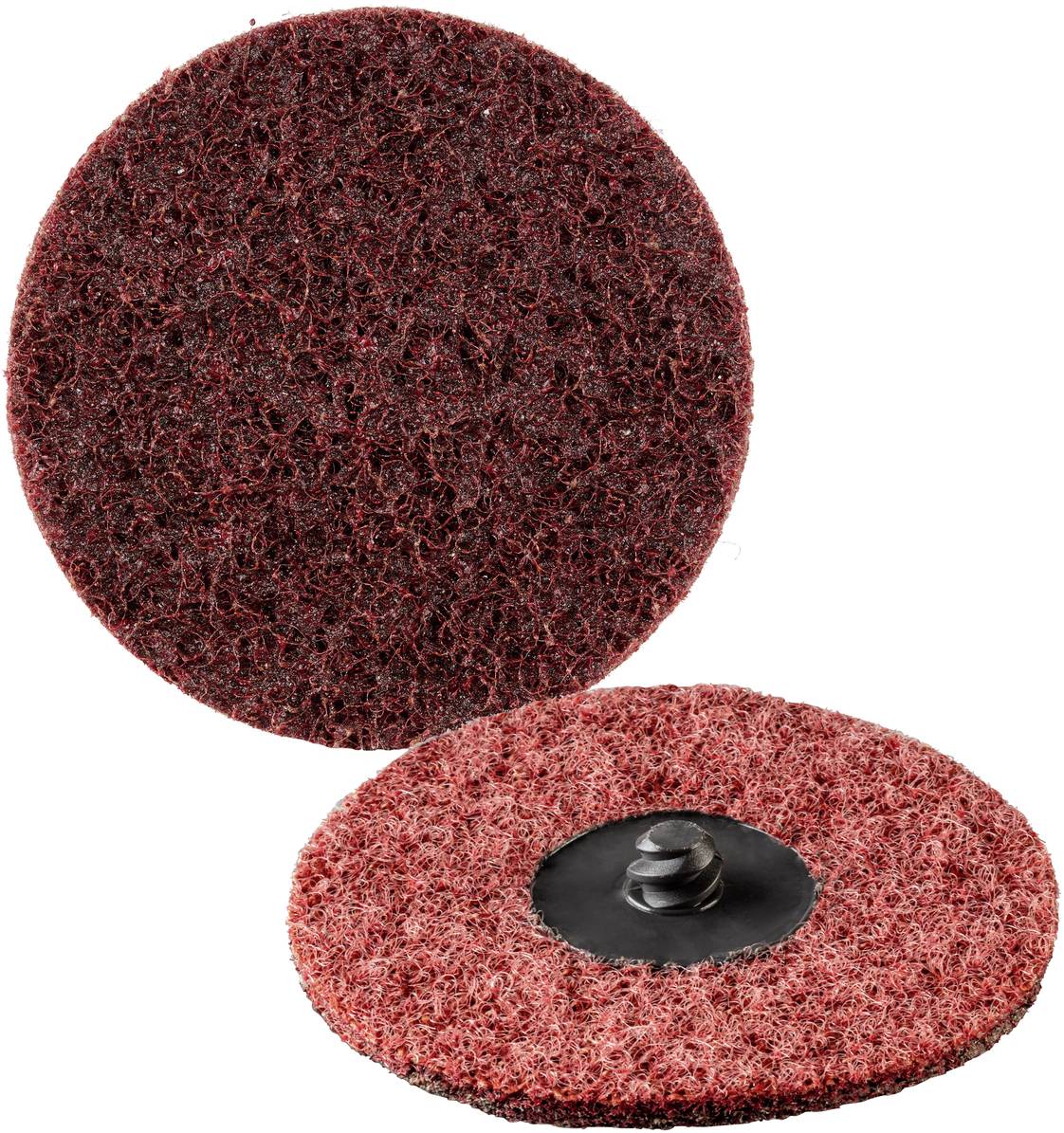 Dwie czerwone, szorstkie tarcze szlifierskie z czarnym spodem, jedna stojąca, a druga leżąca, do obróbki powierzchni.