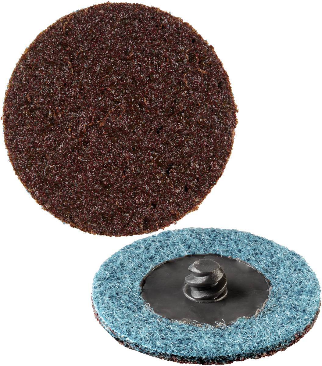 Dwie tarcze szlifierskie: jedna z brązowego materiału ściernego, druga o niebieskiej powierzchni z mocowaniem śrubowym z tyłu.