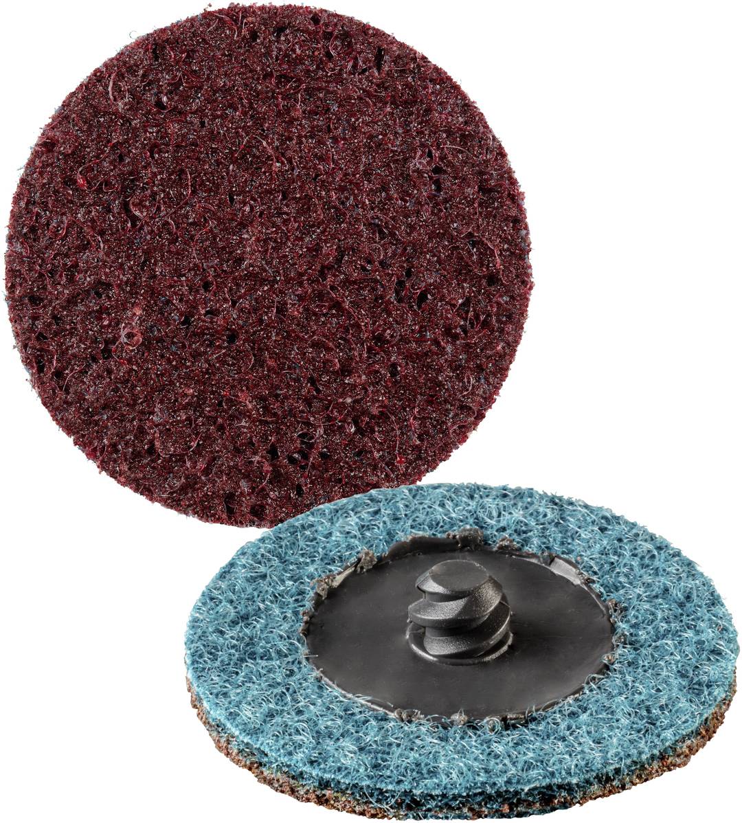 Dwie okrągłe podkładki szlifierskie w kolorach czerwonym i niebieskim, jedna z uchwytem śrubowym pośrodku. Są używane do obróbki powierzchni.